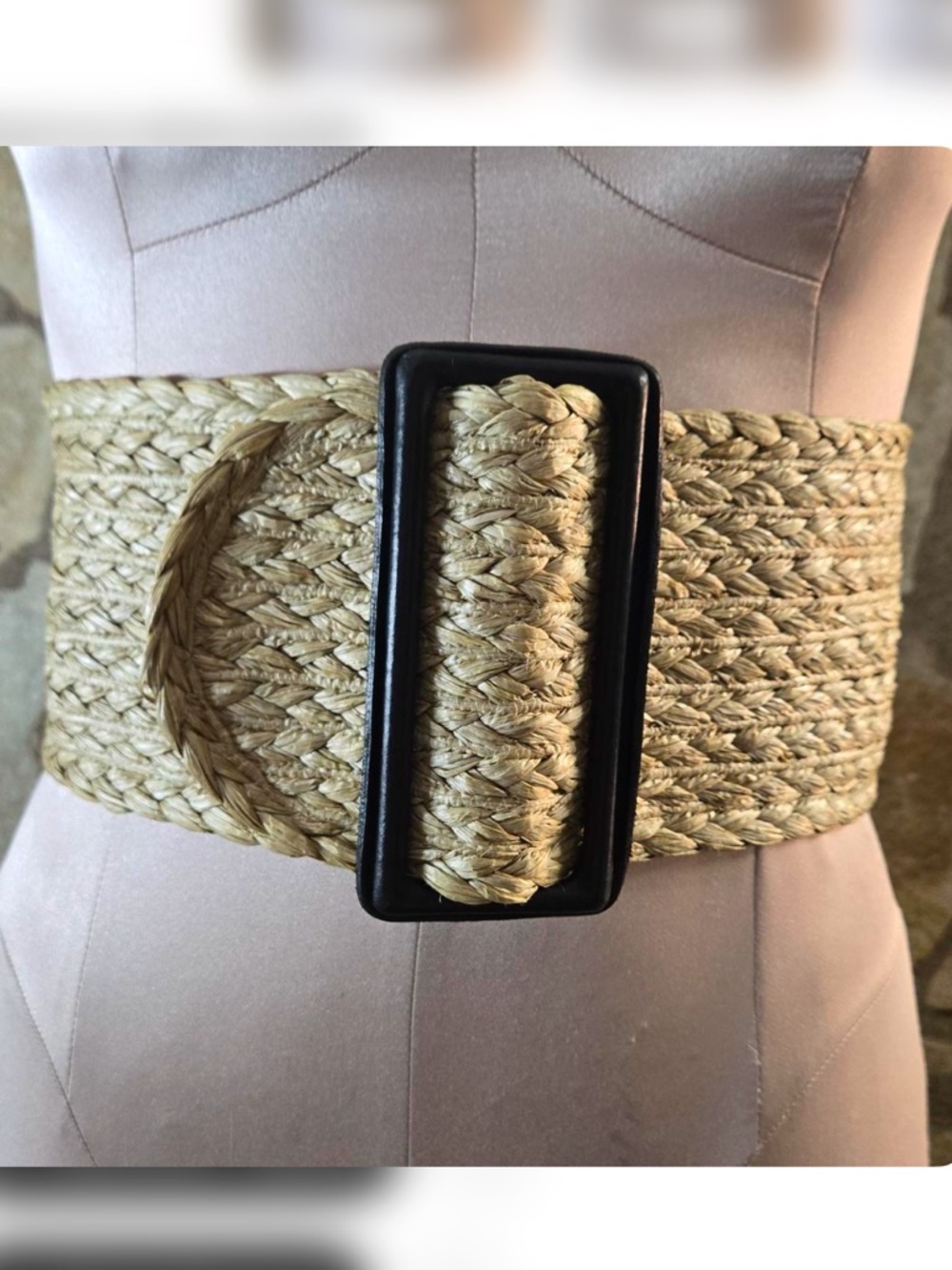 Woven Natural Straw Wide Waist Belt with Black Buckle